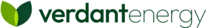 Verdant Energy logo. 'Verdant Energy is in green text and to the left is two leaves put together to make a 'V' shape.